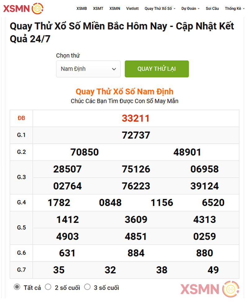 Bảng Quay thử Xổ Số miền Bắc ngày 07/12/2024 tại Website XSMN