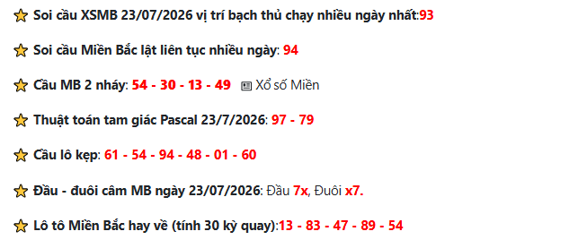 Soi cầu XSMB 23-7-2026 - Chốt số lô đề VIP đài Hà Nội 2 Bí quyết soi cầu XSMB 23-7-2026 theo khoa học