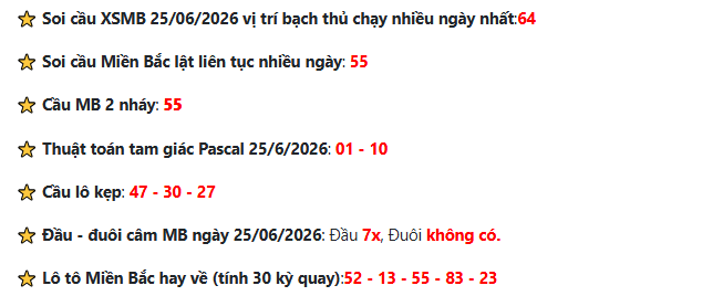Chốt số Thần Tài dự đoán soi cầu XSMB 25-6-2026