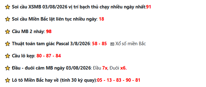 Soi cầu XSMB 03-08-2026: Dự đoán cầu lô VIP thứ Hai 2 Gợi ý dự đoán soi cầu XSMB 03-08-2026