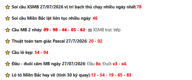 Soi cầu XSMB 27-7-2026 - Dự đoán xổ số miền Bắc hôm nay 2 Phân tích & soi cầu XSMB ngày 27-7-2026 chuyên sâu