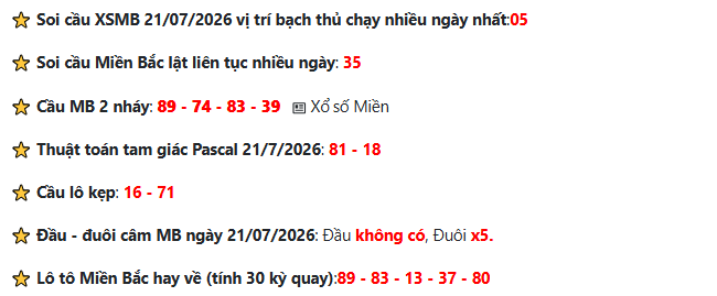 Soi cầu Pascal miền Bắc - Soi cầu XSMB 21-7-2026 hôm nay