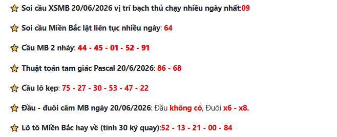 Soi cầu XSMB 20-6-2026 - Cầu bạch thủ & Pascale hôm nay 2 Soi cầu XSMB 20-6-2026 - Thống kê cầu nhiều nháy XSMB hôm nay 20-06-2026